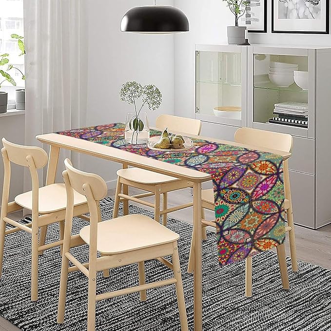 Boho Floral Table Runner,Colorful Flower Retro Bohemian Table Cloth Kitchen Dining Table Home Party Decoration 13x36 Inch