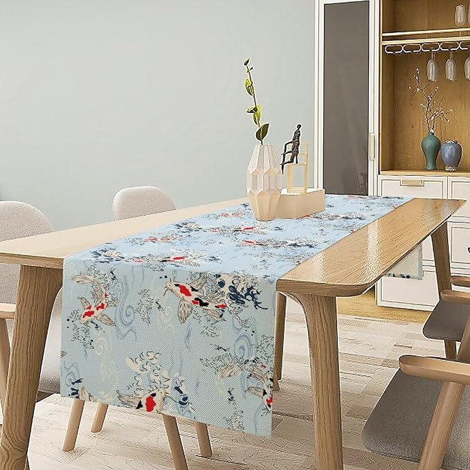 Kio Fish Table Runner Waves Retro Japanese Tradition Art Printed Burlap Runner Home Kitchen Dining Table Living Room Decor Fabric 1 Panel W13xL60in