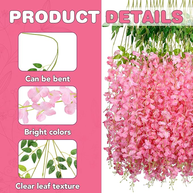 Wisteria Hanging Flowers,Fake Hanging Flowers Wisteria artificiales Garland for Home Wedding Arch Floral Party Garden Ceremony Outdoor Decor,3.6 feet Long(36,Pink)
