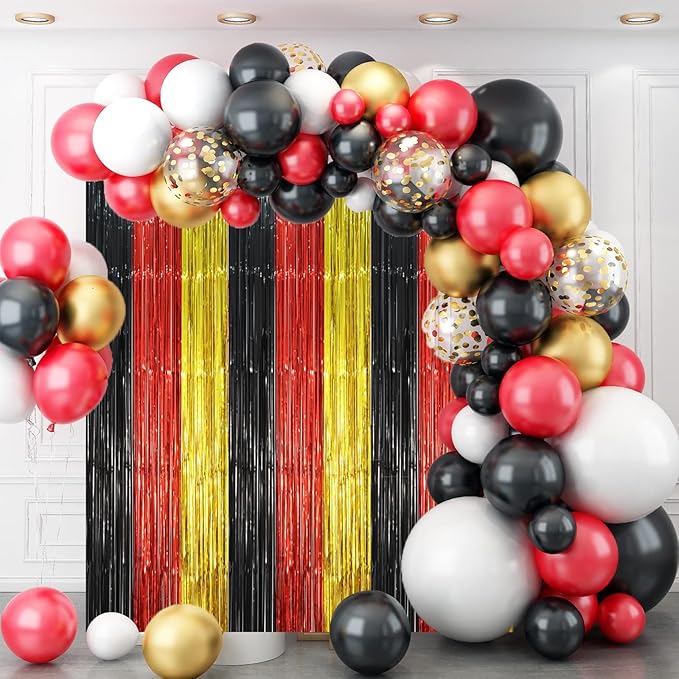2 Pack Red Black Gold Foil Fringe Backdrop Curtains, Tinsel Streamers Party Decorations, Fringe Backdrop, Door Shimmer for Thanksgiving Day or Birthday Party