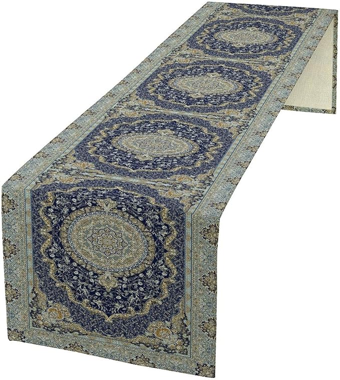 Boho Bohemia Style Blue Teal Table Runner, Country Rustic Farmhouse Magical Abstract Print Pattern for Home Kitchen Table Decor Dining Coffee Room Garden Party Decor 13x72in