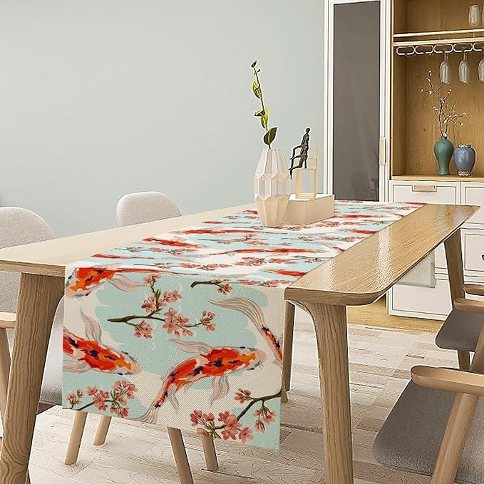 Japanese Kio Fish Table Runner Cherry Flower Art Printed Burlap Runner Home Kitchen Dining Table Living Room Decor Fabric 1 Panel W13xL60in
