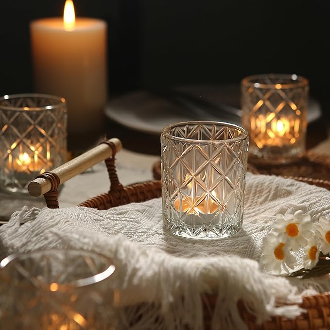 48 Pack Clear Votive Candle Holders, Vintage Glass Candle Holder for Floating Candle, Tealight Candle Holder for Table Centerpieces Home Bridal Shower Birthday Christmas Wedding Table Decor(48)