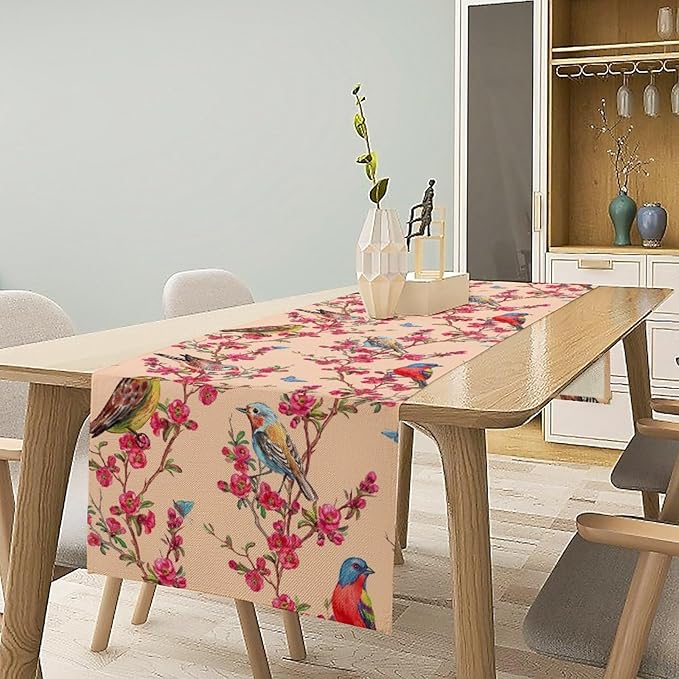 Floral Butterfly Table Runner Seasonal Spring Flower Bird Table Decoration Table Runner for Home Party Decoration 13x120 Inch
