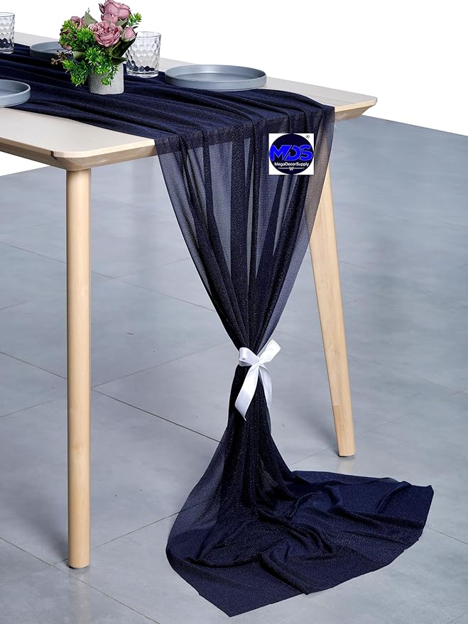 MDS 2 Pack 14ft Chiffon Table Runner 29 x 170 Inches Sheer Wedding Runner Romantic Rustic Table Runner for Wedding Decorations, Birthday Parties, Bridal Shower Party Arch Decor - Navy Blue