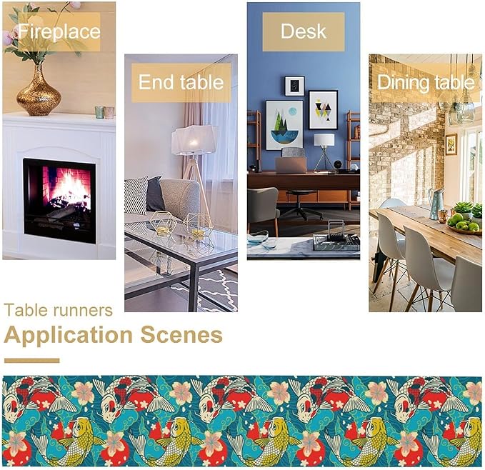 Japanese Kio Fish Table Runner Oriental Tradition Cherry Art Printed Burlap Runner Home Kitchen Dining Table Living Room Decor Fabric 1 Panel W13xL90in