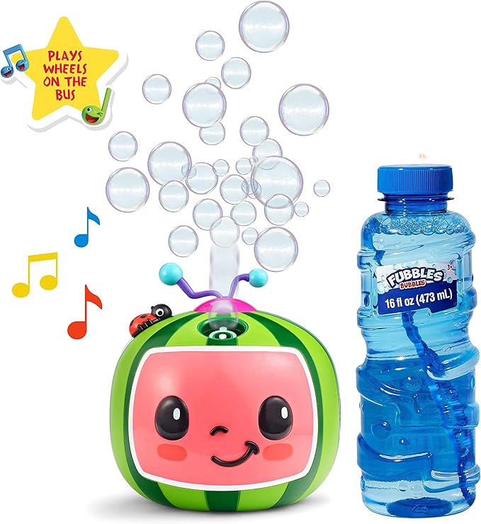 CoComelon NO Spill Musical Bubble Machine | Bubble Toy for Baby, Toddlers and Kids | Amazon Toys Exclusive with 16 oz of Extra Bubble Solution (Bubble Solution Bottle Colors Will Vary)