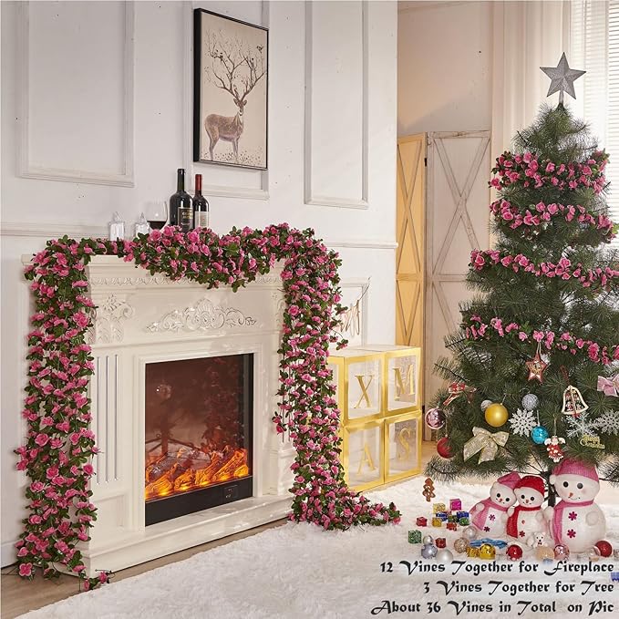 8 Pcs x 8.2 ft Flower Garland Artificial Rose Vine Flowers with Green Leaves Hanging Fake Roses Vine for Room Party Home Wedding Birthday Christmas Wall Arch Decor, Spring Magenta Flower