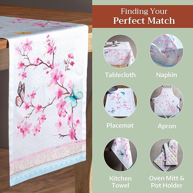 Maison d' Hermine Table Runner 100% Cotton Single Layer Table Runners 108 inches Long Decorative for Home Kitchen Dining Party Wedding Bridal Shower Spring Summer (Blossoms in Spring, 14.50" x 108")