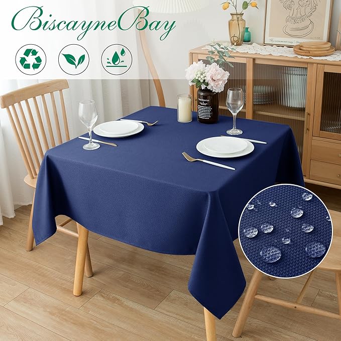 Biscaynebay Textured Fabric Square Tablecloths 70x70 Inches, Navy Water Resistant Card Table Cloth Folding Table Cover for Dining, Kitchen, Wedding and Parties etc. Machine Washable