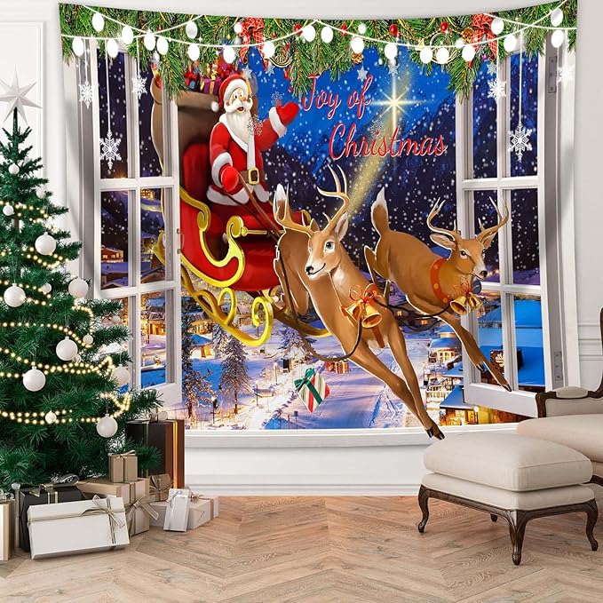 QGHOT Christmas Window Tapestry Wall Hanging Christmas Backdrop Xmas Winter Window Wall Decor Santa Claus Tapestries for Bedroom Living Room Dorm Holiday Party Decoration, Large