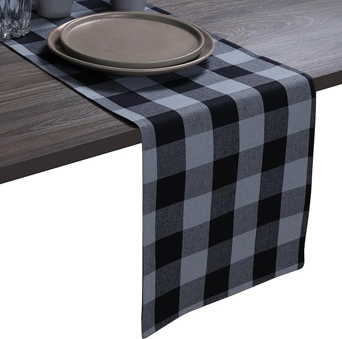 Native Fab Table Runner Buffalo Check Plaid 100% Cotton - 13x90 Inches Kitchen Dining Table Decoration for Indoor Outdoor Farmhouse Home Party Decor - Black, Grey