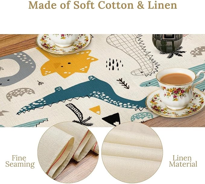 Cartoon Dinosaur Table Runner,Kids Boys Cute Various Dino Moutain Modern Abstract Print Tablecloth Burlap for Hotel Indoors Outdoor Dining Room Kitchen Holiday Party, 13x90in