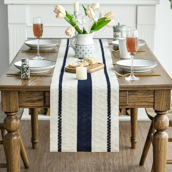 Artoid Mode Dark Blue Farmhouse Woven Rustic Table Runner, Seasonal Holiday Hollow Kitchen Dining Table Decoration for Home Party Decor 12x60 Inch