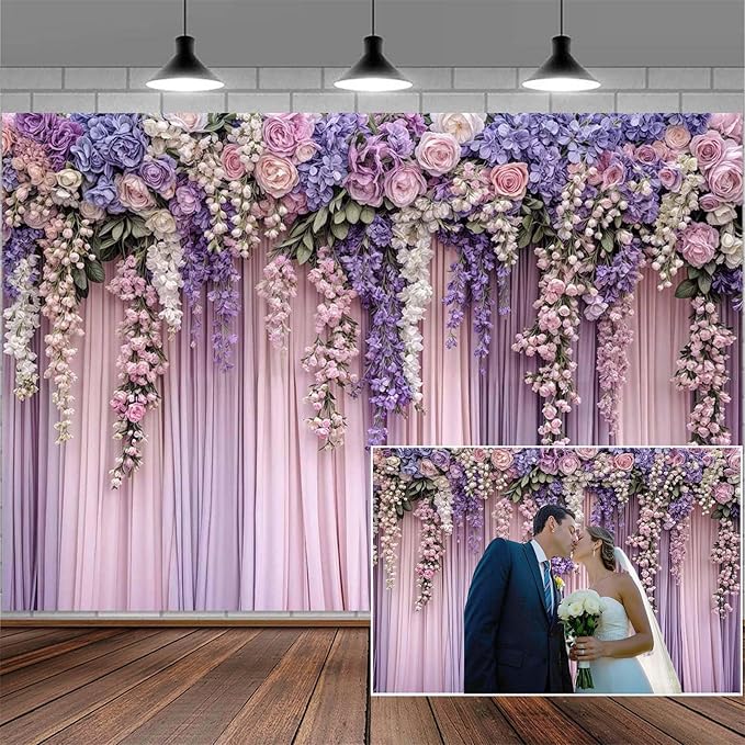 7x5ft Purple Flower Wedding Photography Backdrop Lavender Floral Wedding Bridal Photography Backdrop Anniversary Birthday Baby Shower Girl Party Banner Photo Booth Props Background Wall Decor
