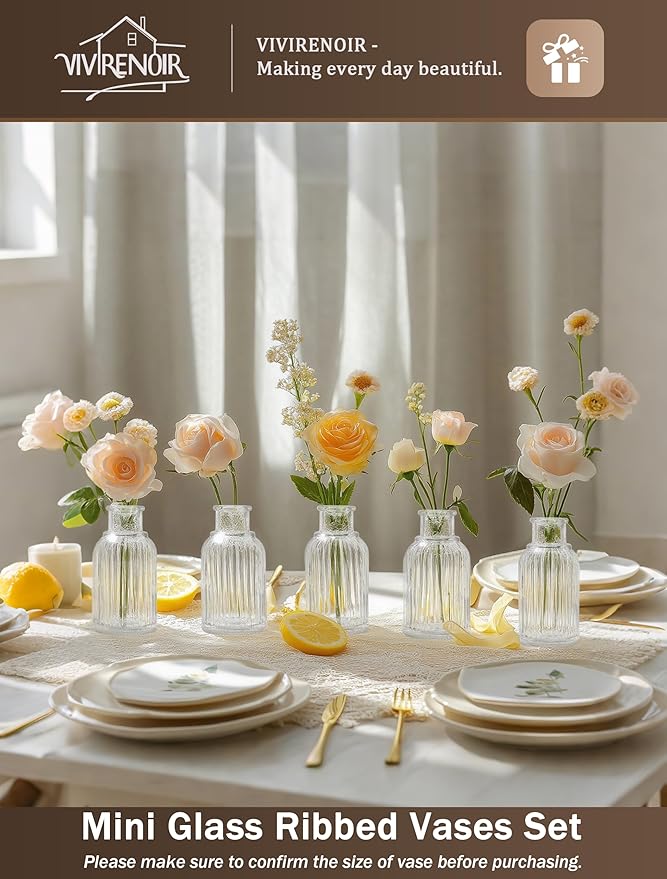 Glass Bud Vases Set of 36, Small Flower Vase in Bulk, Clear Mini Ribbed VaseS for Centerpieces, Modern Wedding Reception Table Decorations
