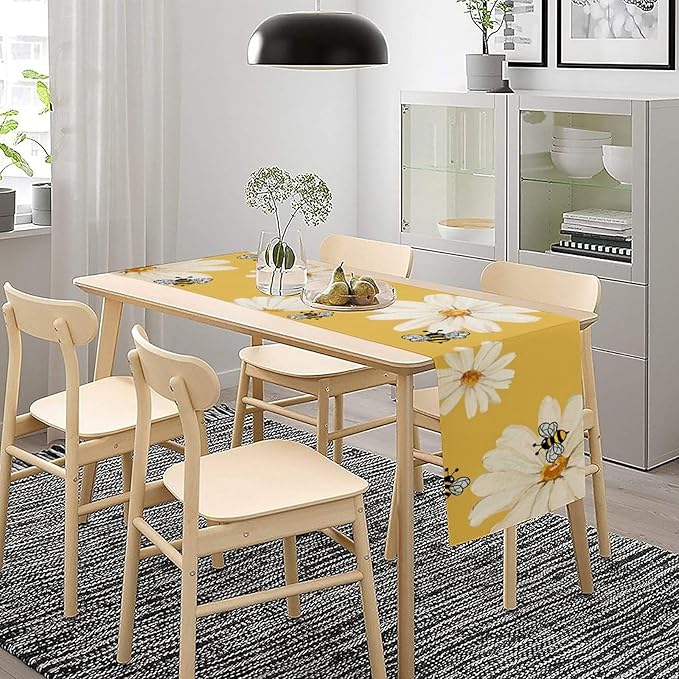 Daisy Flower Table Runner, Summer Spring Seasonal Watercolor Wildflower Yellow Bee Print Table Cover for Home Party Decor Kitchen Dining Table, 13x120inch