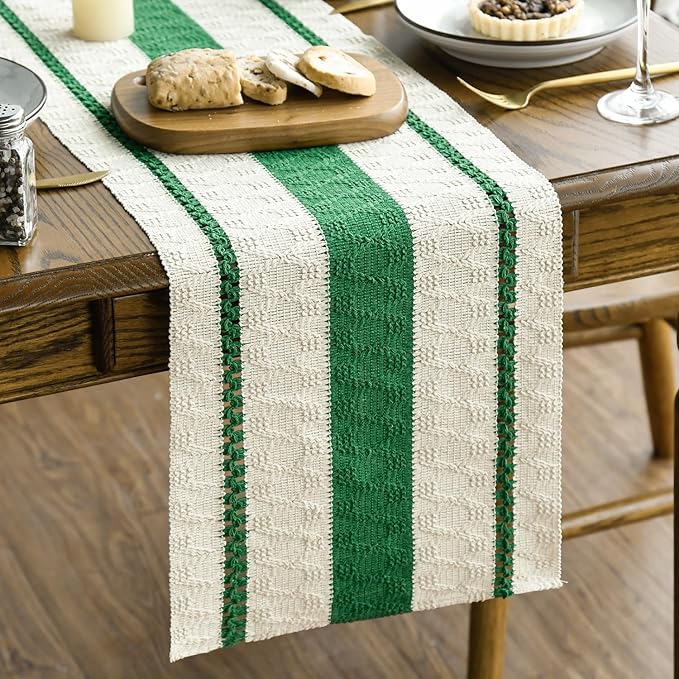 Artoid Mode Dark Green Farmhouse Woven Rustic Table Runner, Seasonal Holiday Hollow Kitchen Dining Table Decoration for Home Party Decor 12x108 Inch