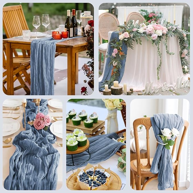 Asee'm 3pcs Cheesecloth Table Runner 120 Inches Dusty Blue Boho Gauze Cheese Cloth Runner 10FT Rustic Sheer Table Runners for Centerpiece Wedding Baby Shower Spring Easter Decoration