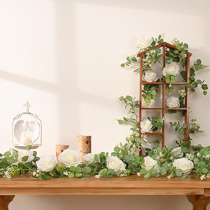 Dolicer 2Pcs 13Ft Artificial Eucalyptus Garlands with Flowers - 8 Roses, Faux Floral Greenery Garlands Fake Flowers Vines for Wedding Table Centerpieces Arch Party Ceremony Backdrop Decor (White)