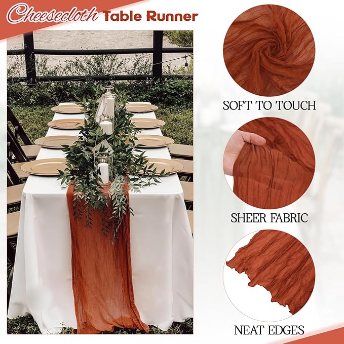 Aktor 12 Pack Terracotta Table Runner Boho Cheesecloth Table Runner Semi Sheer Gauze Fabric Runners for Wedding Birthday Baby Shower Party Boho Table Decoration（Terracotta）