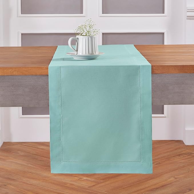 Solino Home Cotton Linen Pastel Turquoise Table Runner 72 Inches Long - Hemstitch Table Runner 14 x 72 Inch for Dresser, Dining