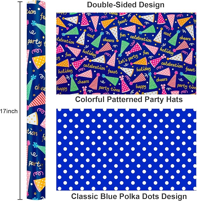 Yarcony Boys Birthday Wrapping Paper Roll - 17 Inch X 33 Feet - Reversible Metallic Foil Navy Blue Men Boy Gift Wrap Paper Blue Wrapping Paper for Birthday, Party, Baby Shower, Holiday, Father's Day