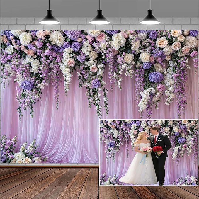 6x4ft Purple Lavender Floral Bridal Backdrop Wedding Flower Photography Backdrop for Girl Portrait Baby Shower Birthday Party Decor Banner Mother's Day Party Wall Backdrop Studio Photo Backgrounds