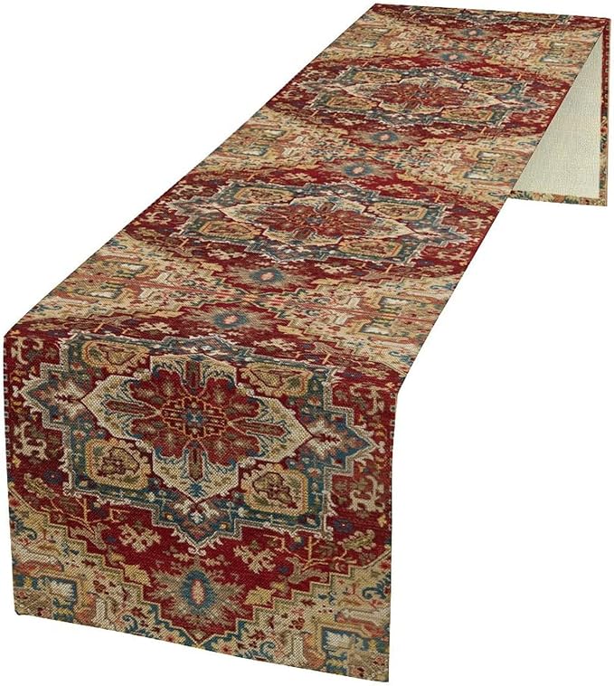 Boho Bohemia Style Table Runner, Vintage Red Brown Retro Flower Rustic Country Style Floral Print Pattern for Home Kitchen Table Decor Dining Coffee Room Garden Party Decor 13x60in