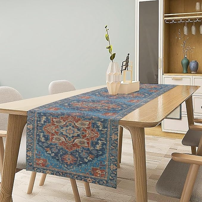 Boho Floral Vintage Table Runner, Retro Abstract Blue Flower Rustic Country Farmhouse Pattern for Home Kitchen Table Decor Dining Coffee Room Party Decor 13x36in