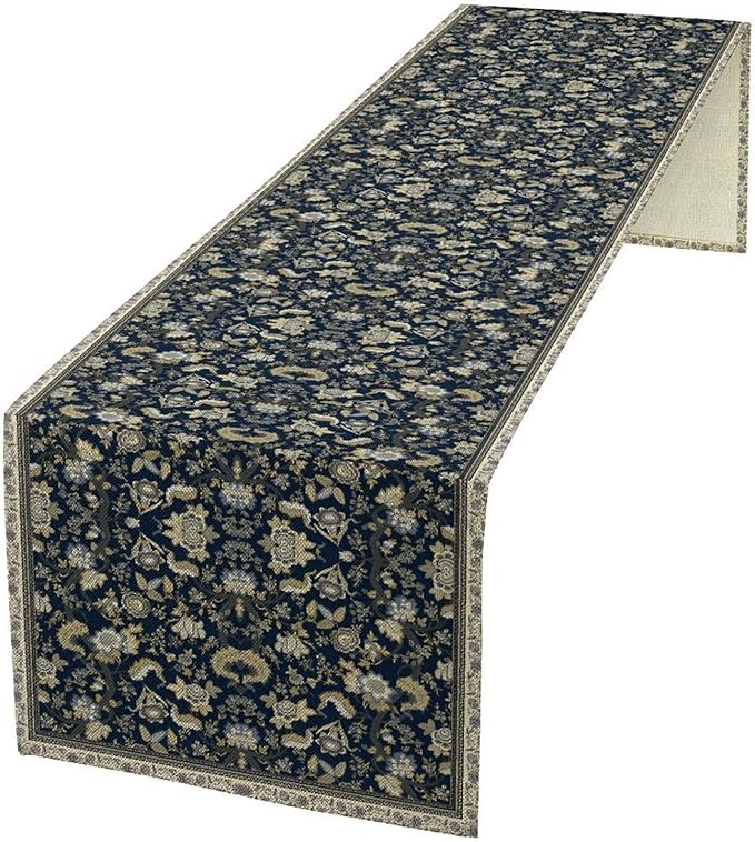 Vintage Boho Floral Table Runner, Morris Rustic Country Farmhouse Dark Blue Grey Retro Flower Pattern for Home Kitchen Table Decor Dining Coffee Room Party Decor 13x60in