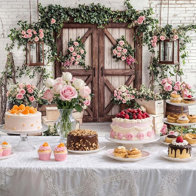 8x6ft Country Wedding Photography Backdrop Floral Rustic Roses Farmhouse Wooden Door Backdrop Pink Flower Birthday Baby Shower Wedding Bridal Party Banner Photo Booth Props Anniversary Background