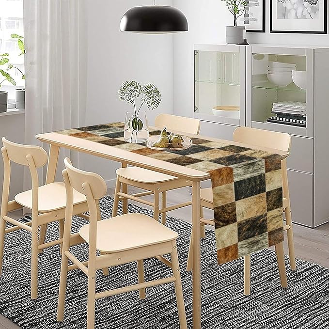 Rustic Cow Skin Patchwork Print Table Runner, Farmhouse Country Western Style Fur Table Cover for Dinning Home Party Holidays Home Setting, 13x120 Inch