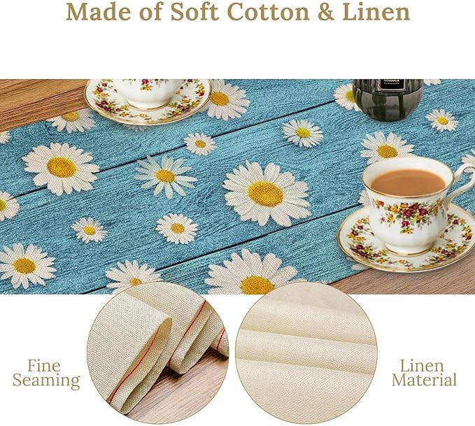 Daisy Floral Table Runner, Farmhouse Abstract Spring Seasonal Summer Blue White Flower Rustic Table Center Decor for Home Kitchen Dining Patio Holiday Party Indoor Table Decorations, 13"x90" Inch