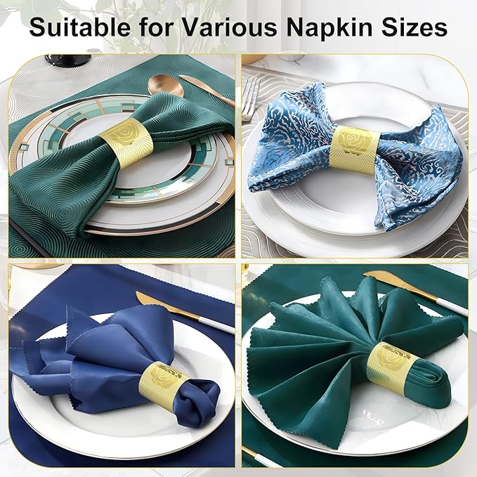 Polymer Material Reusable Napkin Band, Glue-Free Tear-Proof Water Resistant Oil-Proof Napkin Bands Set of 100(Front Gold Color and Back Silver), 6 Adjustable Sizes Napkin Rings