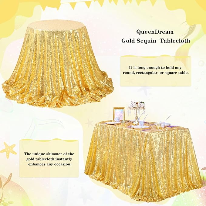 QueenDream Glitter Gold Tablecloth for Parties 90x156 Inch Sequin Fabric Rectangle Table Cloth for Wedding Birthday Banquet