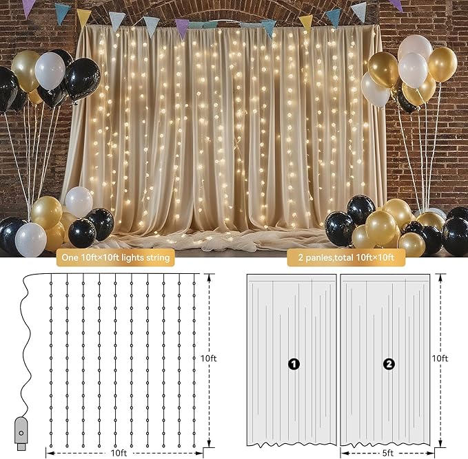 10×8ft Tulle Backdrop Curtains with Lights String - 300LED Fairy Lights Sheer Curtain Backdrop for Weddings Baby Shower and Birthday Party Decorations(8 Panels 5×8ft)