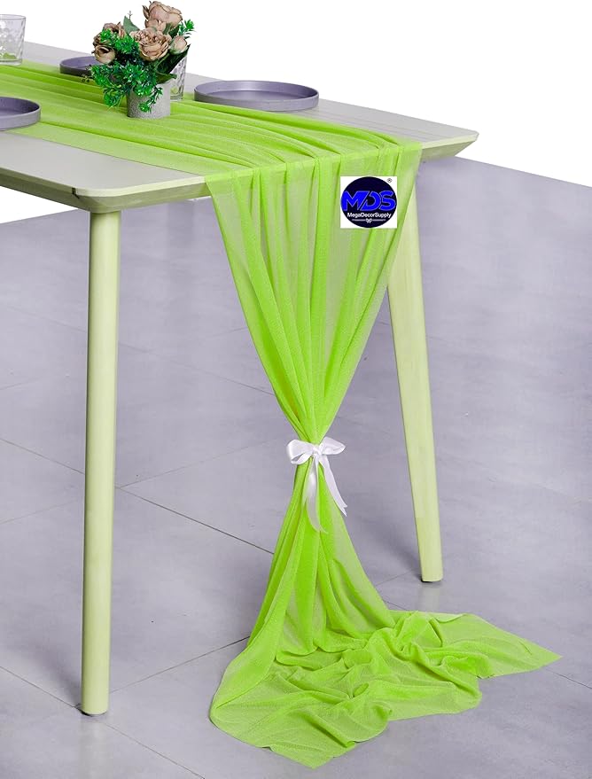 MDS 2 Pack 10ft Chiffon Table Runner 29 x 120 Inches Sheer Wedding Runner Romantic Rustic Table Runner for Wedding Decorations, Birthday Parties, Bridal Shower Party Arch Decor - Parrot Green