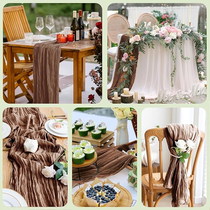 Asee'm 2pcs Cheesecloth Table Runner 120 Inches Long Brown Boho Gauze Cheese Cloth Runner 10FT Rustic Sheer Fall Table Runners for Thanksgiving Christmas Wedding Party Baby Shower Decoration