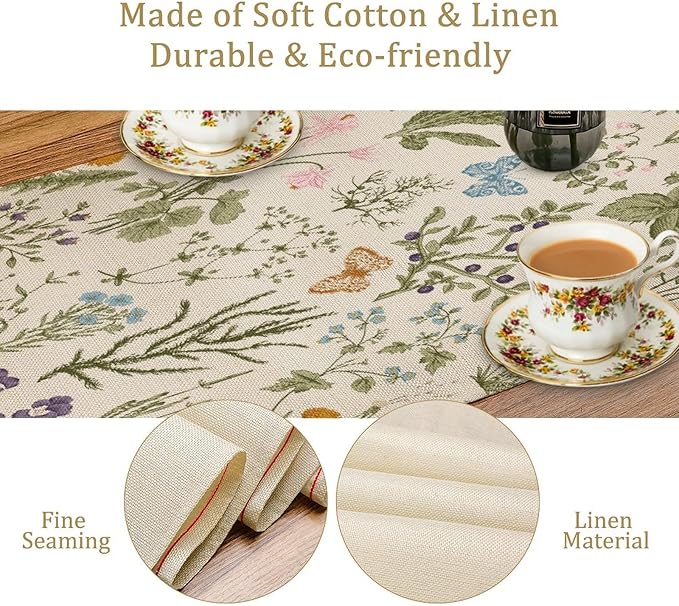Floral Botanical Table Runner, Garden Spring Flower Botanical Butterfly Animal for Restaurant, Kitchen, Wedding, Party Rectangular Table Runner Decoration,13in（33cm） W * 120in（305cm） L
