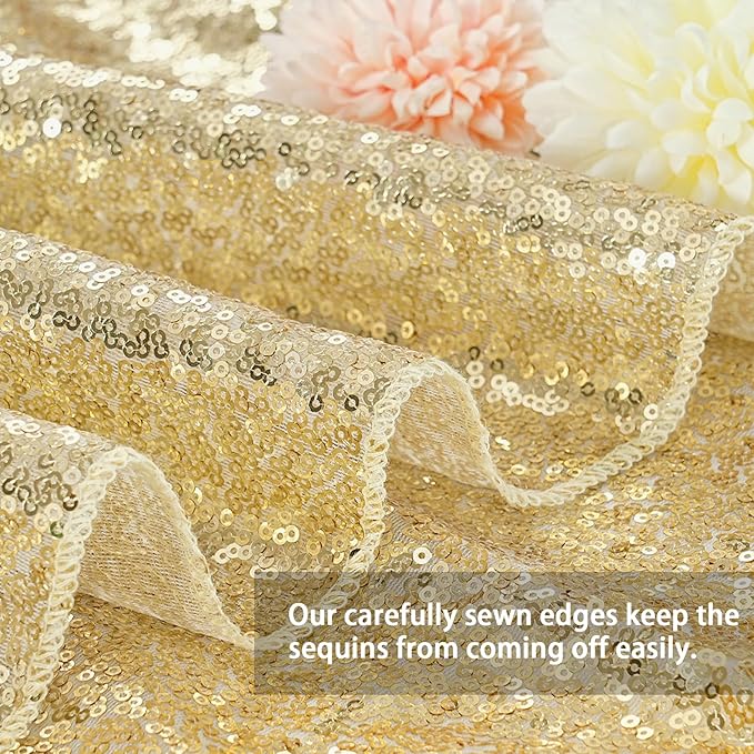 QueenDream Party Tablecloth Light Gold - 90x156 Inch Sequin Fabric Table Cloths Rectangle Cover Birthday Parties Holiday Decorations