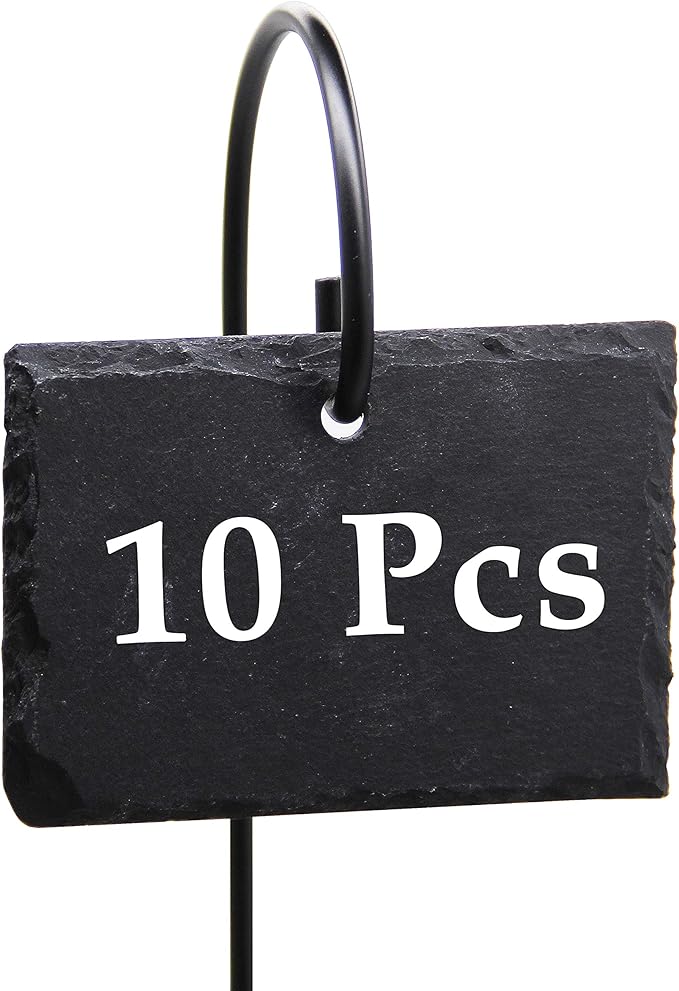 FORUP Plant Labels, 10pcs Garden Markers Signs Labels, Weatherproof Reusable Natural Slate Hanging Tags on Stainless Steel Metal Rod for Flower Bed, Pots, Planters