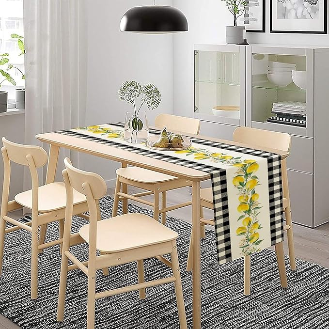 Lemon Table Runner,Black Buffalo Plaid Lemon Table Runner Farmhouse Style Spring Summer Home Kitchen Dinding Room Table Decoration 13x60 Inch