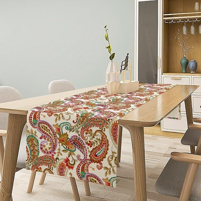 Colorful Paisley Table Runner, Boho Vintage Pink Red Teal Floral Leaves Print Table Runner for Home Kitchen Dining Table Holiday Party Decor, 13x120inch
