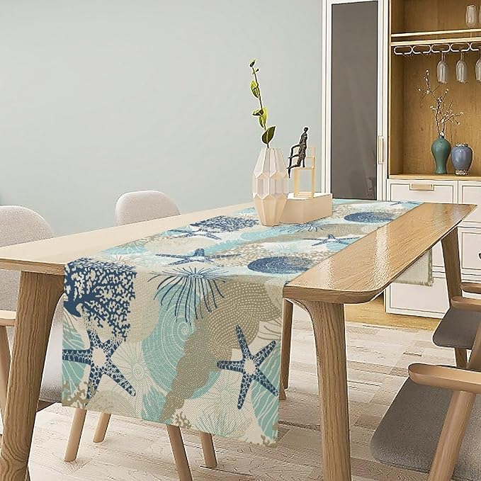 Nautical Coastal Table Runner，Ocean Themed Starfish Coral Conch Beach Kitchen Dinning Table Decoration for Indoor Outdoor Home Party Decor 13x120 Inch