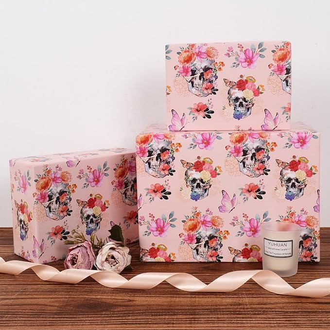 Aimyoo Gothic Wrapping Paper Roll, 17 Inch X 16.5 Feet Skull Floral Butterfly Design Gift Wrap Paper for Mother's Day, Birthday Bridal Shower