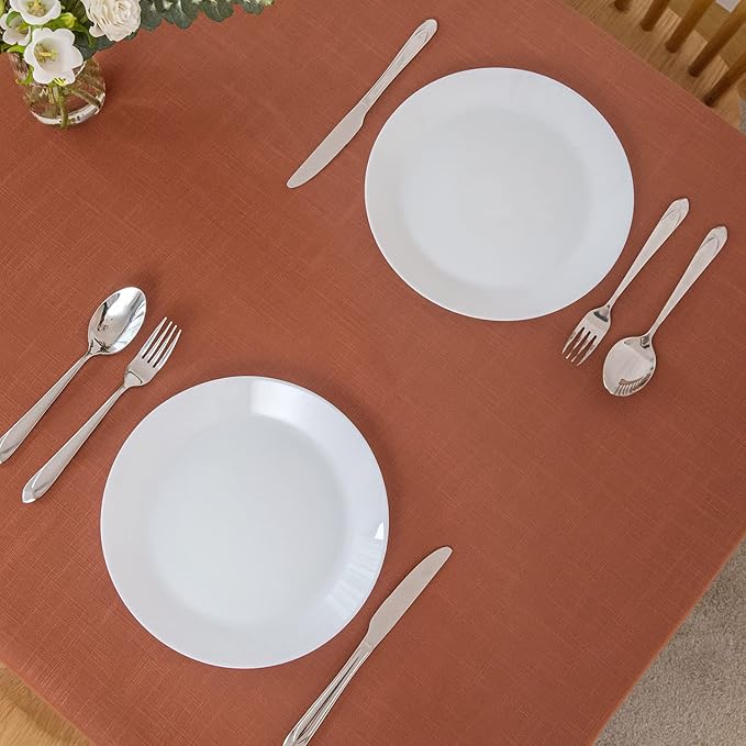 maxmill Lux Faux Linen Table Cloth with Slubby Texture Wrinkle Resistant Anti-Shrink Soft Fall Tablecloth for Kitchen Dining Tabletop for Thanksgiving Parties Rectangle 60 x 140 Inch Rust