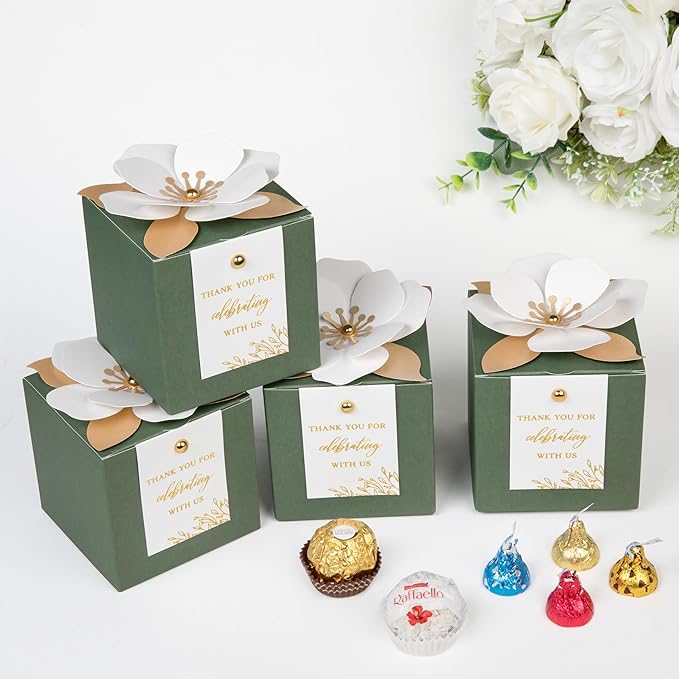 FEIYI 20 PCS Gift Boxes, 3 In 1 Olive Green Favor Boxes with Floral Decor, White Thank You Tags Cupcake Containers Gift wrapping for Wedding, Baby Shower, Birthday, Decorations Party - 3.55x3.55x3.55