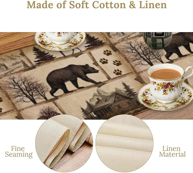 Rustic Cabin Table Runner, Retro Moose Cone Deer Bear Farmhouse Lodge Table Runner for Dinner Living Room Kitchen Vintage Country Cottage 13x90 Inch
