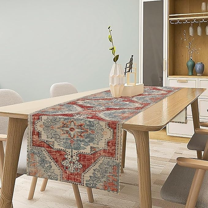 Boho Floral Vintage Table Runner, Retro Blue Red Flower Rustic Country Farmhouse Abstract Pattern for Home Kitchen Table Decor Dining Coffee Room Party Decor 13x36in